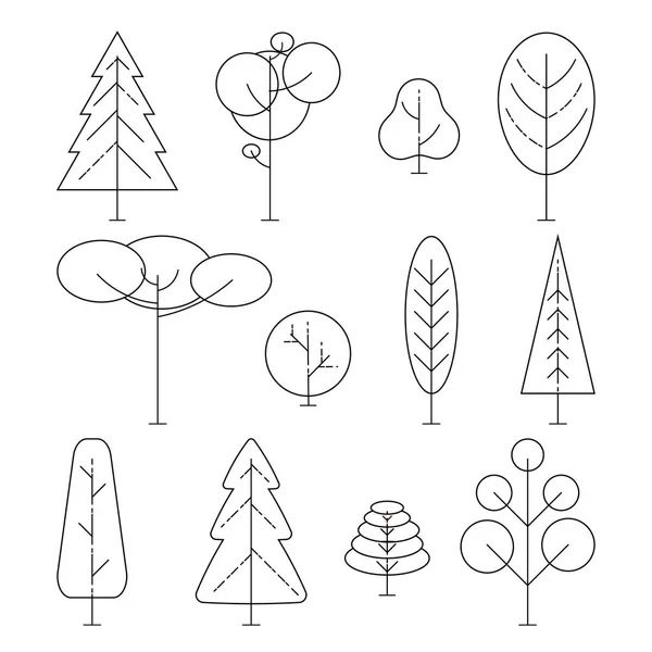 Különböző fák fehér háttérrel. Vektorvonal ikon beállítva. Az ökológia vagy a természet logójának eleme. Vektorillusztráció — Stock Vector