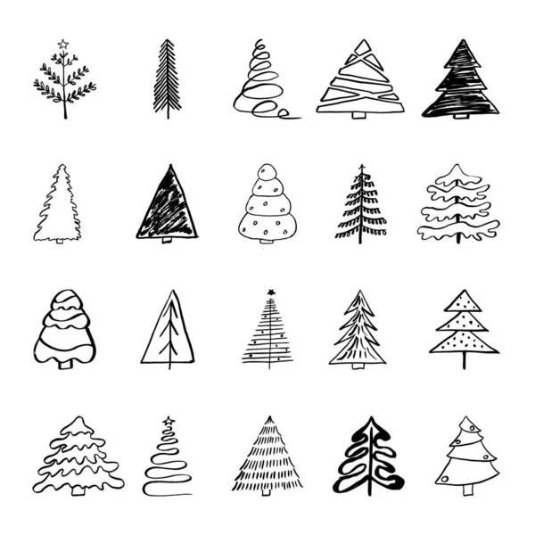 Sätt julen och nyårsträdet. Handritad skiss. Semester bakgrund. Abstrakt klottrande skog. Vektorillustration — Stock vektor