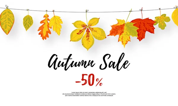 Background design with leaf in flat style. Isolated on white background. Autumn sale 50 text. Promotion banner. Vector template for poster, web ad, flyer design, leaflet, brochure etc. — Stock Vector