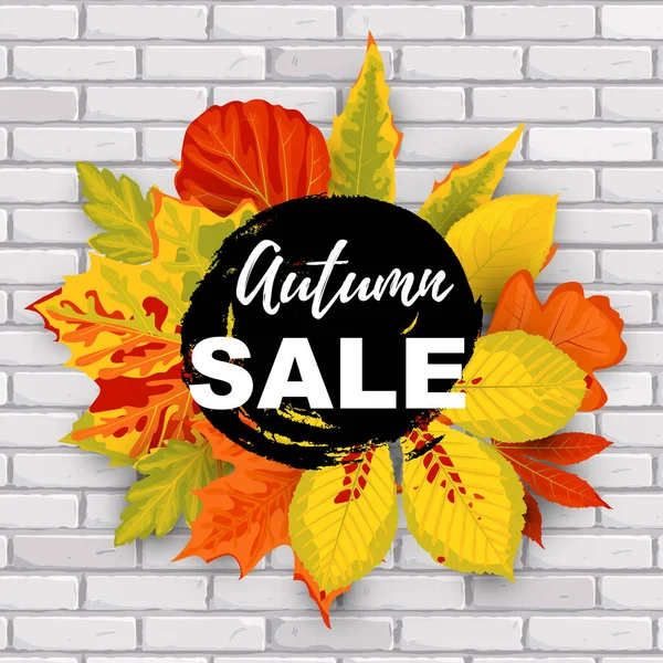 Autumn sale flyer template. Bright fall leaves on a background of a brick wall. Poster, card, label, banner design. Vector illustration. — Stock Vector