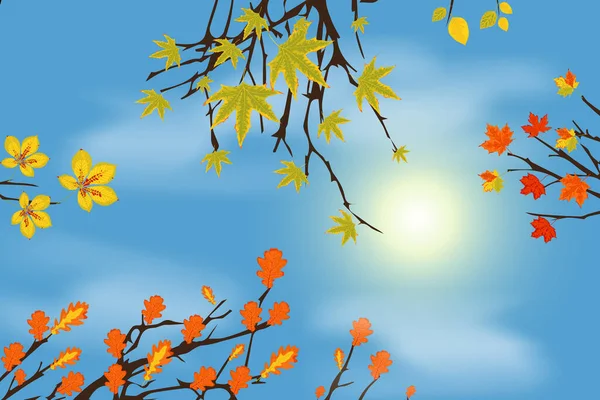 Ilustração vetorial. Um ramo de árvore com folhas de outono de um bordo. Paisagem na estação de outono. —  Vetores de Stock