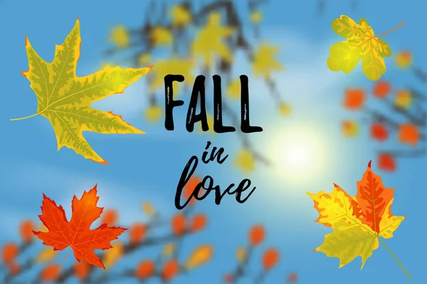 Paisaje de otoño. Hojas de árboles otoñales, cielo, fondo del sol. Texto Enamórate. Ilustración vectorial — Vector de stock