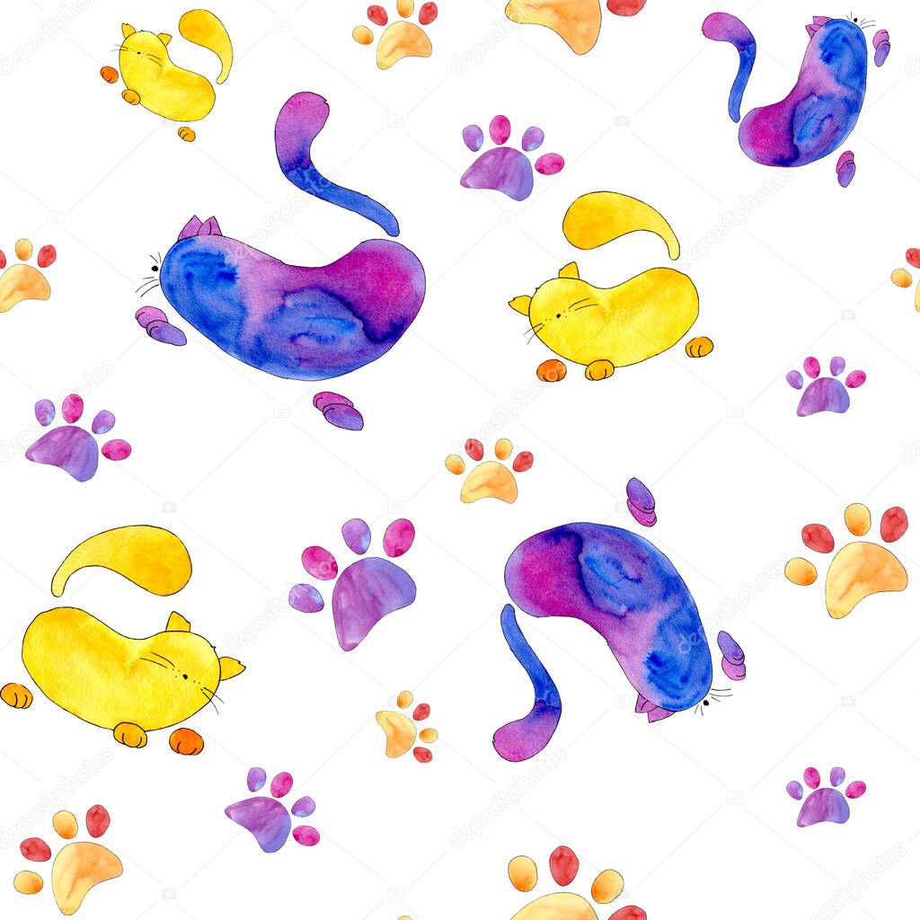 Watercolor silhouettes of cats. Pattern. Violet, yellow, blue kittens.