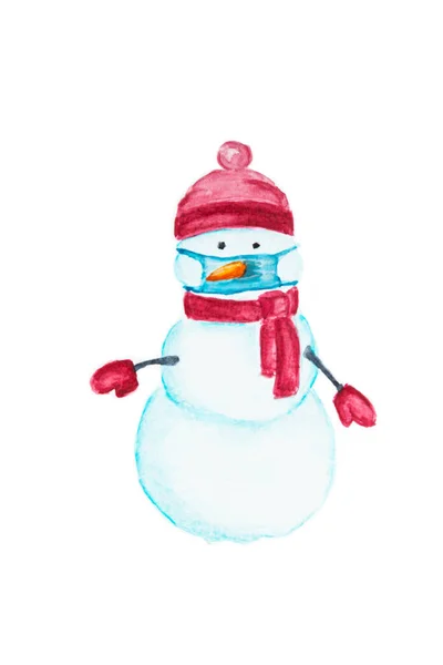 Handdragen Akvarell Snögubbe Med Skyddande Ansiktsmask Nyår Och Jul 2021 — Stockfoto