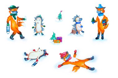 El yapımı suluboya hayvanlar. Yüzü maskeli tilkiler ve kirpiler. Yeni yıl ve Noel 2021 konsepti