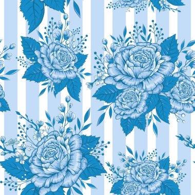 Mavi güller ve sakura dalları vektör çizgili arka planda çizgili çizgi film tarzında kusursuz bir çiçek deseni..