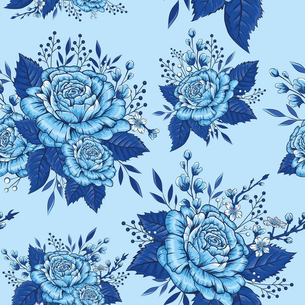 Mavi güller ve sakura dallarıyla kusursuz çiçek desenleri vektör el çizim tarzında hafif bir arkaplan üzerinde.