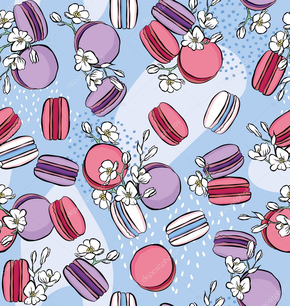 Sweet macarons seamless pattern with pink macrons and white flowers. Vector hand drawn cartoon style.