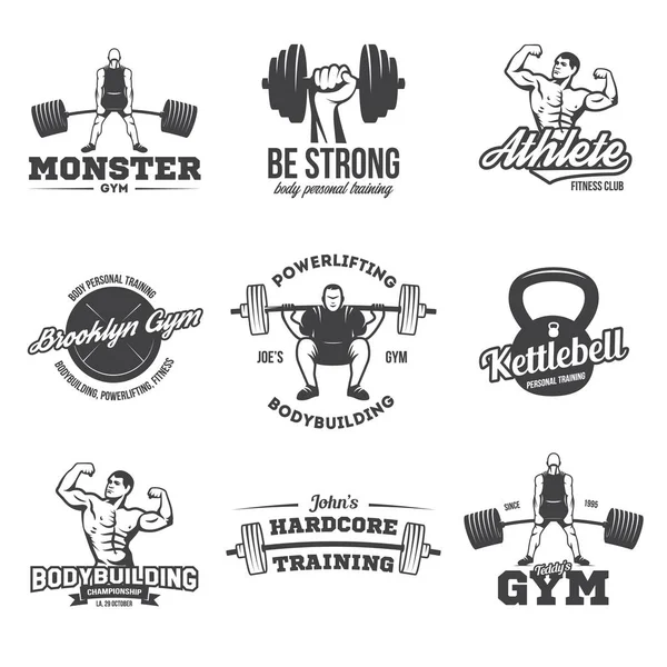 Bodybuilding Powerlifting Kettlebell Workout Fitness Logo Templates Set — Stock Vector