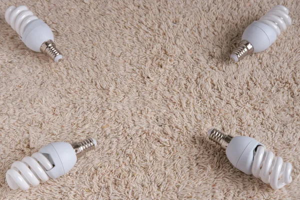 Four energy-saving light bulbs lie on the carpet in the corners with a place in the center for inscription.