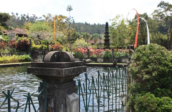 Pond in garden with fountain in background, Bali, Indonesia