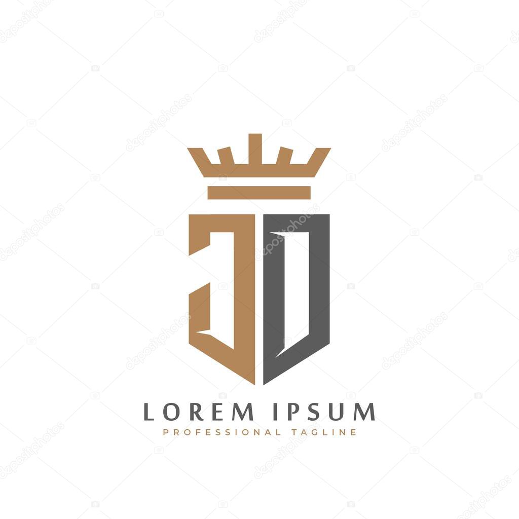 Premium JD Monogram of Two letters J&D. Elegant gold shield initials and crown geometric old retro graphic logo design. alphabet vector elements stock illustration.