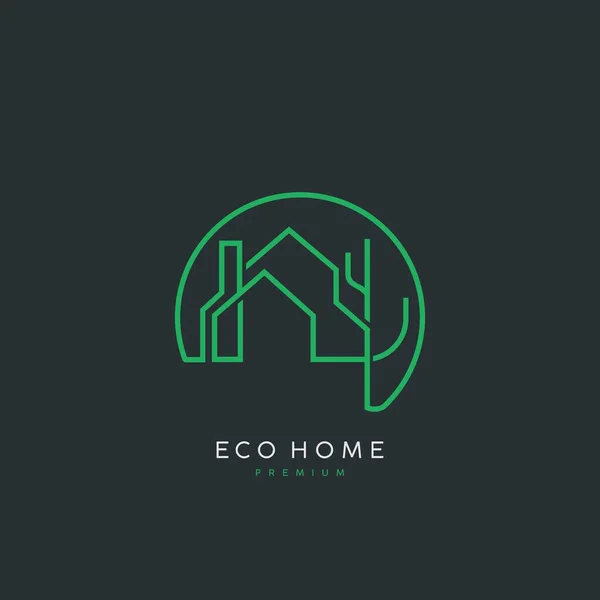 Logo Green House Con Concept Line Art Natura Home Vettoriale — Vettoriale Stock