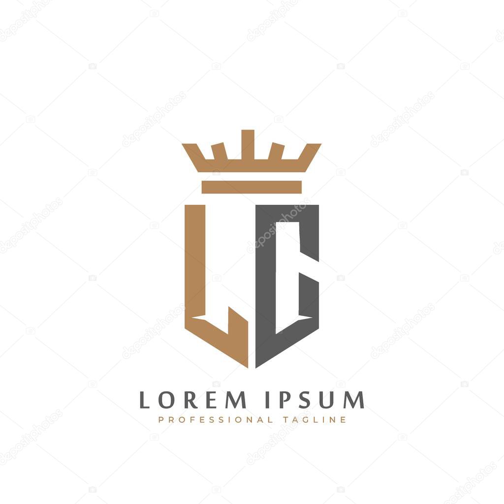 Premium LC Monogram of Two letters L&C. Elegant gold shield initials and crown geometric old retro graphic logo design. alphabet vector elements stock illustration.