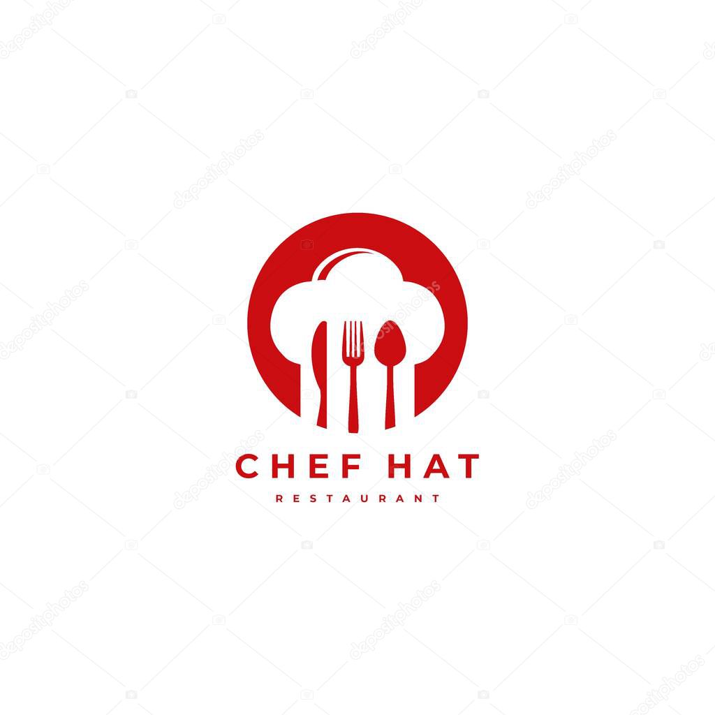 Tasty food logo. restaurant, culinary related concept with chef hat spoon fork & knife elements inside circle isolated in white background