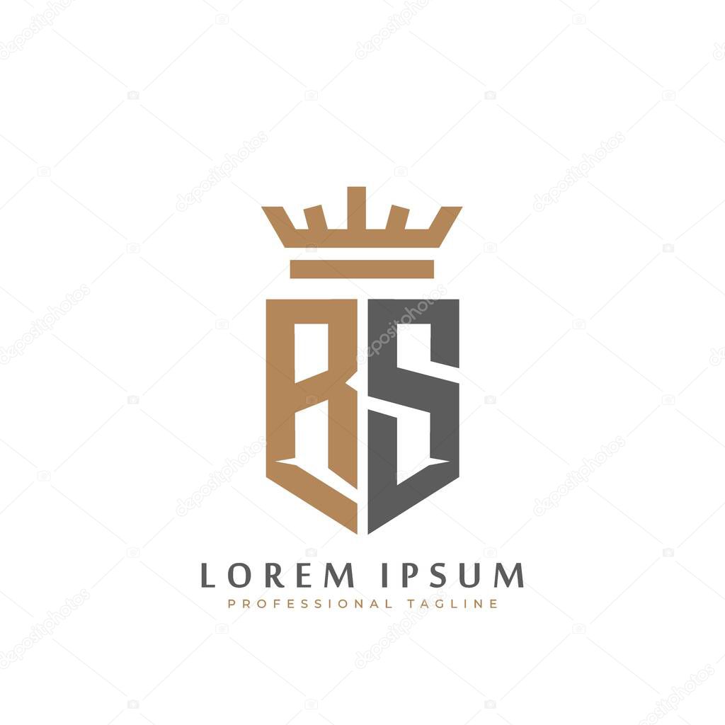 Premium RS Monogram of Two letters R&S. Elegant gold shield initials and crown geometric old retro graphic logo design. alphabet vector elements stock illustration.