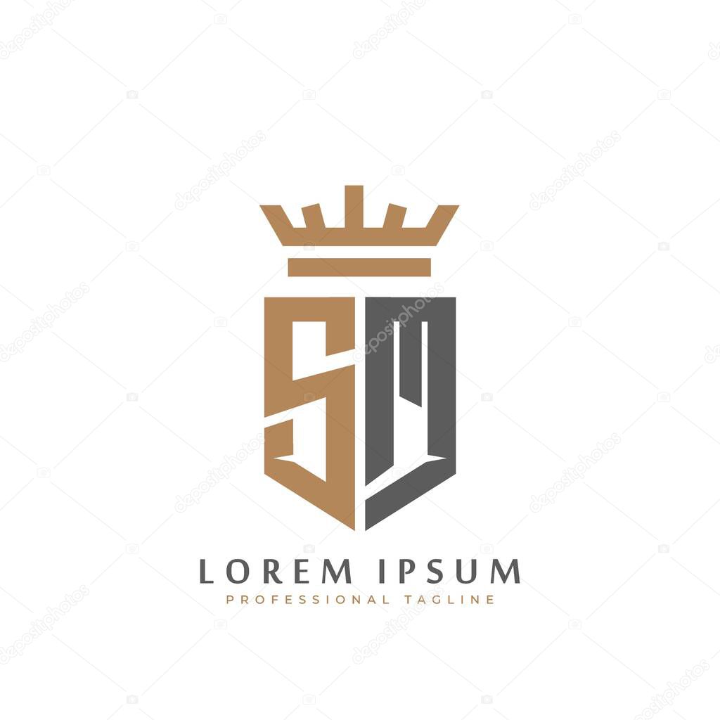 Premium SM Monogram of Two letters S&M. Elegant gold shield initials and crown geometric old retro graphic logo design. alphabet vector elements stock illustration.