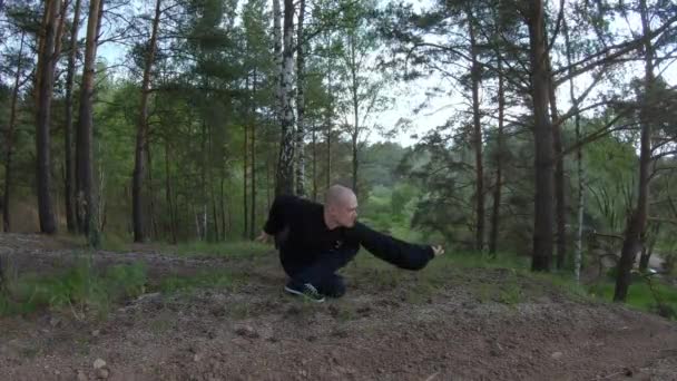 Wushu Master Demonstrates Eagle Claw Style Nature Forest Concept Healthy — Stock Video