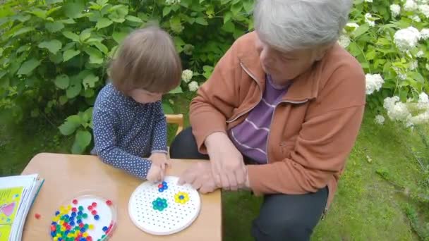 Dziewczyna Zbiera Puzzle Natura Słoneczny Dzień Babcia Bawi Się Wnuczką — Wideo stockowe