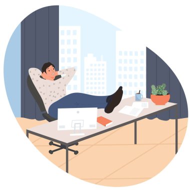 Erkekler işyerinde çalışıyor, pencereleri panjurlu ve caddelerin manzaralı. Düz tasarım biçim vektör çizimi.