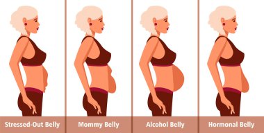 Kadınlar için Tummies tipleri. Hamilelik sonrası, menopoz hormonal karın, bira göbeği, şişmiş karın ve aşırı kilo. Yan görünüm.