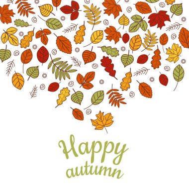 Elle çizilmiş sonbahar yapraklı kartpostal. Beyaz arkaplanda izole edilmiş vektör illüstrasyonu.