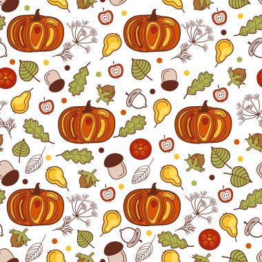 Yapraklar, mantarlar, sebzeler, meyveler ve parlak balkabaklarıyla dikişsiz sonbahar deseni. Sonbahar sezonu çizimi. Organik arkaplan.