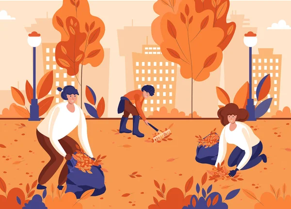 Volunteers Cleaning Park People Gathering Fallen Leaves Autumn Park Vector — Stock Vector