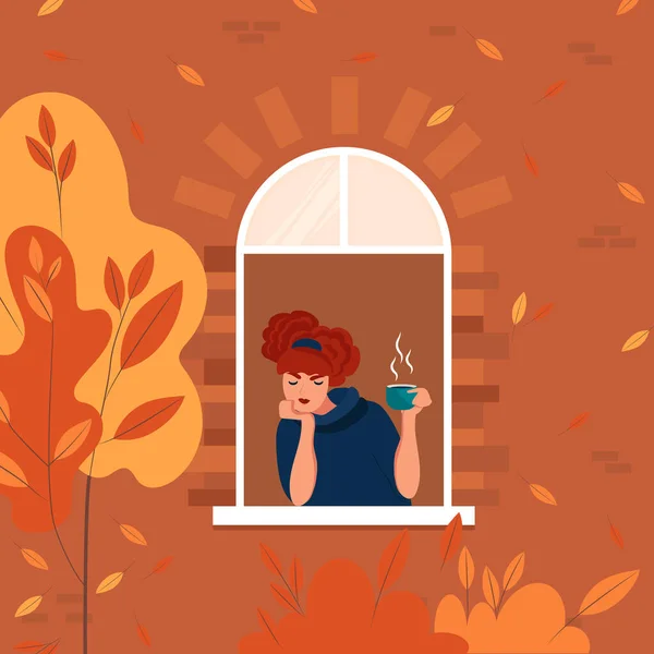 Młoda Kobieta Domu Tęskniąca Oknem Jesienny Krajobraz Zewnątrz Ilustracja Wektora — Wektor stockowy