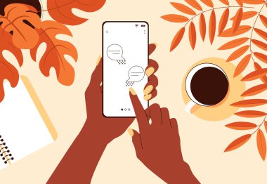Afrika 'lı kadın eli ekranda mesajlı akıllı telefonu tutuyor. Kadının kolundaki ekran aletine dokun. Vektör İllüstrasyonu.