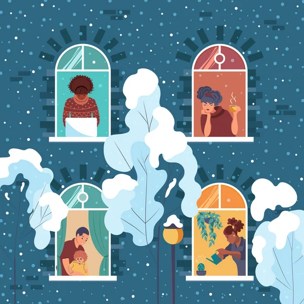 Люди Смотрят Окна Зимой Социальная Изоляция Время Пандемии Соседи Своей — стоковый вектор