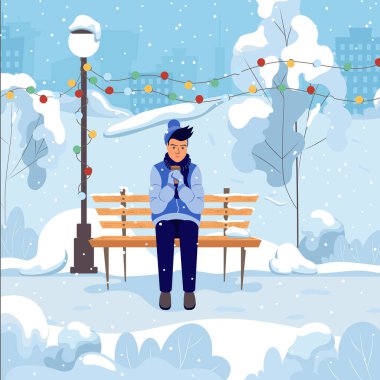 Genç adam kış parkında bir bankta oturuyor ve sıcak kahve içiyor. Kış tatili tatili. Yürümek ve dinlenmek için kentsel bir yer. Çizgi film vektör illüstrasyonu