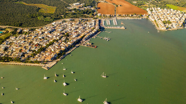 aerial view of the port and Bay of Portocolom Majorca Spain