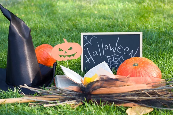 View Top Broom Book Leaves Spider Witch Hat Halloween Composition — Stock Photo, Image