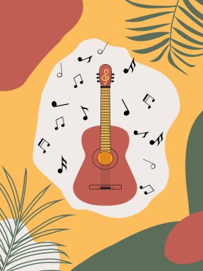 Gitarlı ve tropik yaprak elementli soyut dikey arkaplan. Duvar kağıdı, ambalaj kağıdı, giysi, dolgu, dekorasyon için renkli şablon. 