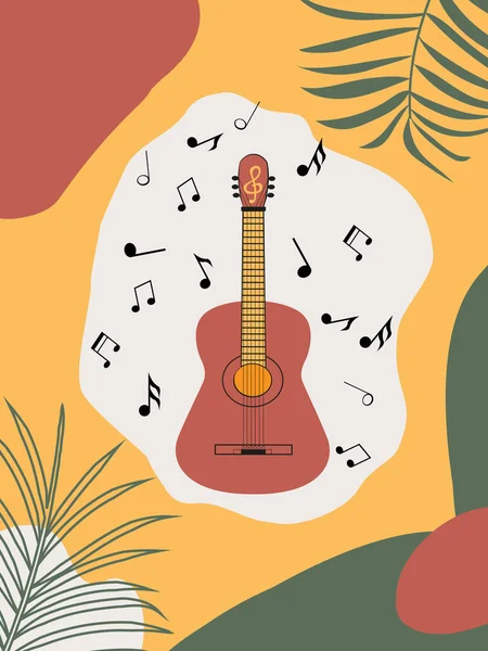 Gitarlı ve tropik yaprak elementli soyut dikey arkaplan. Duvar kağıdı, ambalaj kağıdı, giysi, dolgu, dekorasyon için renkli şablon. 