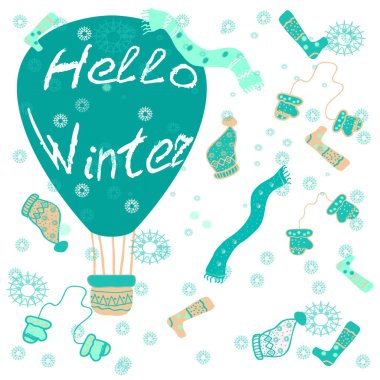 Tebrik kartı şablonu. Merhaba kış. Balonun renkli arka planı, kışlık şapkalar, eldivenler, eşarp. Duvar kağıdı, ambalaj kağıdı, giysi, dolgu, dekor için vektör illüstrasyonu.