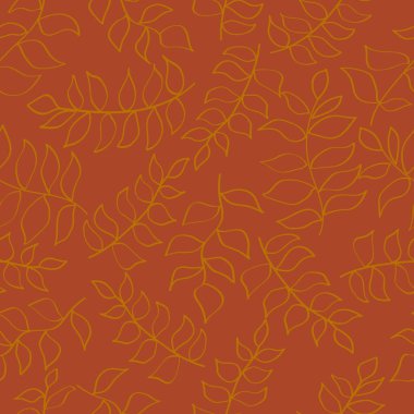 Terracotta renklerinde kusursuz desen. Yapraklı sanat baskısı. Paket kağıdı, duvar kağıdı, kumaş baskısı için düz bir illüstrasyon.