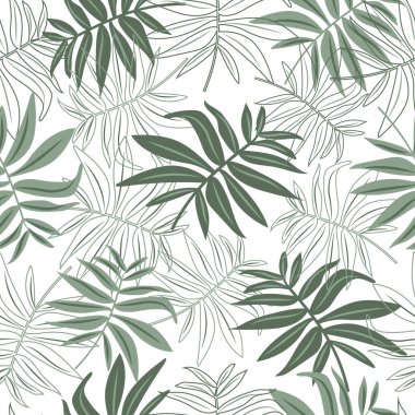 Tropikal yaprakların kusursuz arka planı. Herhangi bir basılı ürün için baskı olarak hediye paketleme, web sayfası arkaplanı çizimi.