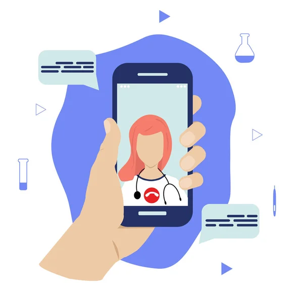 Main Tient Smartphone Avec Femme Thérapeute Sur Écran Demandez Médecin — Image vectorielle