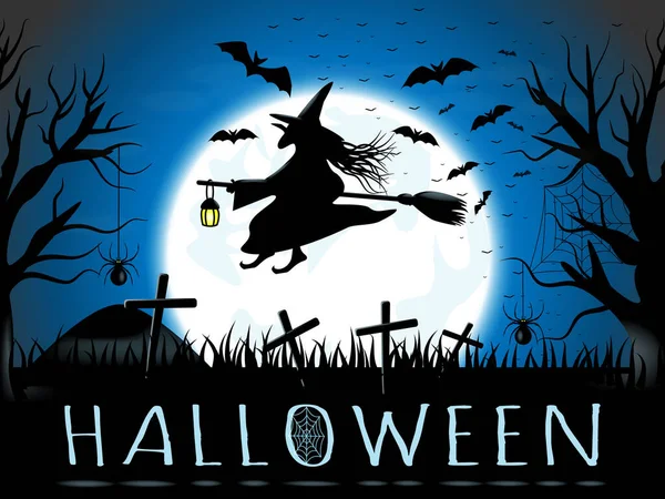 Halloween. Witch on a broomstick, bats and spiders on a blue background of the moon. Vector illustration. Flat style — Stock Illustration Halloween Witch Broomstick Bats Spiders Blue Background Moon Vector Illustration Stock Illustration
