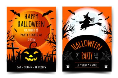 Cadılar Bayramı partisi davetiyeleri veya içinde metin ve geleneksel semboller olan tebrik kartları seti.