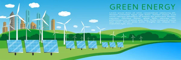 绿色能源概念横幅设计与风力涡轮机和太阳能电池板为背景的城市景观 可再生能源和风能 矢量插图 扁平风格 案文的篇幅 — 图库矢量图片