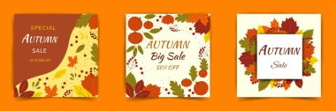 Sonbahar satışı için vektör web pankartı şablonları. Mobil web sitesi afişleri, web tasarımları, posterler, e-postalar ve bültenler için kullanılabilir. Moda dokuları, düz biçim.