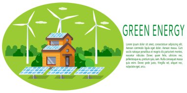 Yeşil yenilenebilir enerji pankartı tasarımı. Modern bir eko-ev, güneş panelleri ve rüzgar türbinleriyle resim yapmak. Düz stil. Vektör illüstrasyonu.