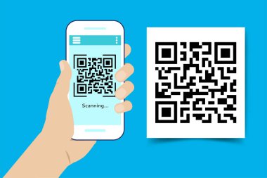 Ekranda QR kodunu tarayan bir telefonla el. Nakitsiz teknoloji konsepti. Çevrimiçi ödeme, para transferi. Vektör çizimi. Düz biçim