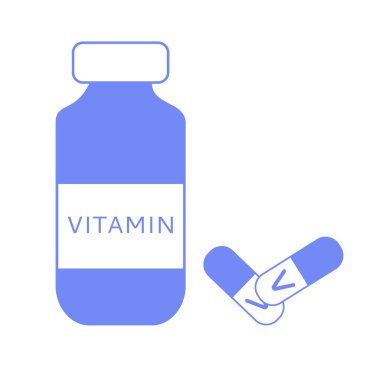 Vitamin ikonu. Sağlık ve ilaç koleksiyonu için beyaz arka planda modern vitamin logosu kavramı. İnternet, cep telefonu ve parmak izi kullanımına uygun. Vektör illüstrasyonu