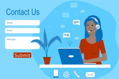 Web sitesi ve uygulama için tasarım şablonu ile bağlantı kurun. Kulaklıklı, mikrofonlu ve bilgisayarlı bir kadın müşterisiyle konuşuyor. Müşteri hizmetlerini ara. Çevrimiçi müşteri destek konsepti. Vektör 