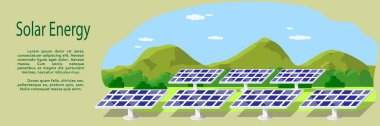   Uzakta dağların arka planında güneş panelleri ve yeşillik olan pankart. Yenilenebilir, alternatif ekolojik yeşil güneş enerjisi kavramı. Düz stil. Vektör illüstrasyonu