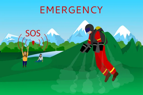 Rescatador Traje Avión Volador Apresura Ayudar Gente Las Montañas Señal — Vector de stock